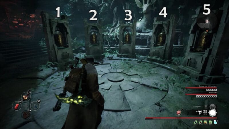The Doe Shrine event with the bells numbered from left to right, to be used in conjunction with the instructions for playing the various tunes that provide rewards. Ths event is found in the Yaesha world zone, in the video game Remnant: From The Ashes.