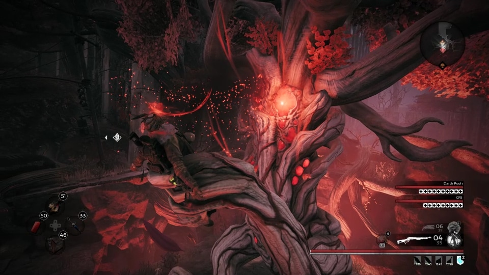 The infusion process granting the Bark Skin armor trait in the Wailing tree event. Taken from the video game, Remnant: From the Ashes.