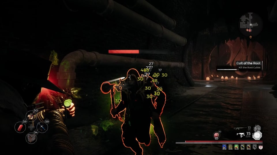 Fighting the Root Cultist after destroying the two Nexus structures in the Cult of the Root event on Earth, in the video game Remnant: From the Ashes.